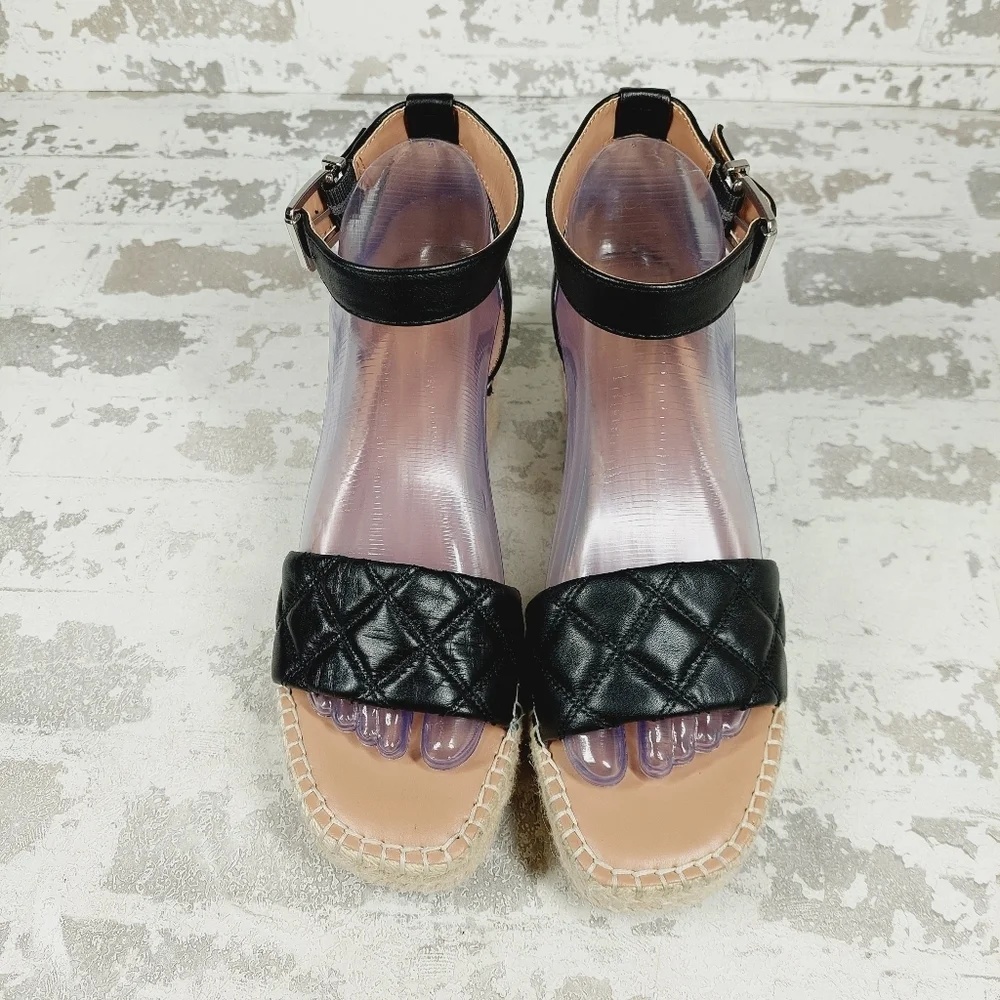 NEW Nordstrom Armen Black Leather Slip On Buckle Ankle Strap Wedge Sandals H205